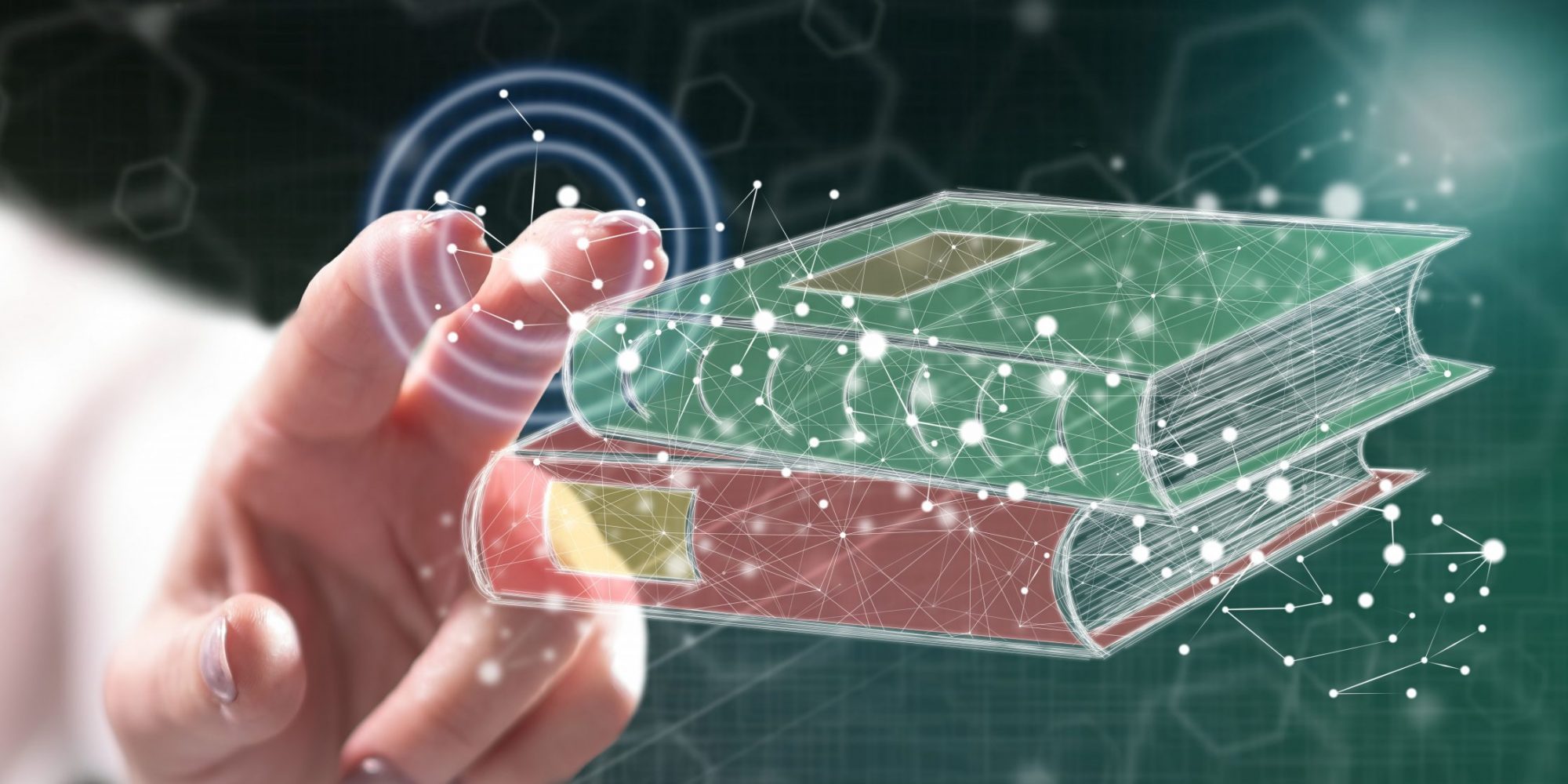 Woman touching an e-learning concept on a touch screen with her finger